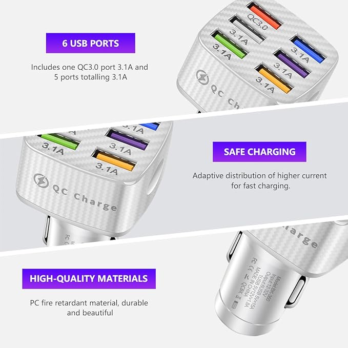 Augeny Car Charger Adapter, 6 USB Multi Port Fast Charger, Include QC 3.0 and 5 Other Ports, Auto Quick Charging Adapter for Most Cell Phones, Interior Car Accessories for SUV Truck (White)