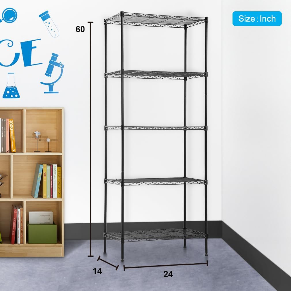 Wire Shelving Unit Metal Shelf Organizer Heavy Duty Wire Rack Storage Unit Rack Utility for Bathroom Office Kitchen (Black, 14" D x 24" W x 60" H)