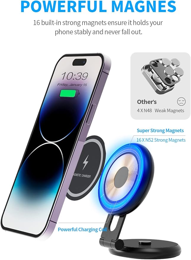 Fast Charging Wireless Car Charger Mount, Magnetic Foldable Car Phone Holder for Tesla Model 3/Y Designed for MagSafe Compatible with iPhone 12/13/14 Series