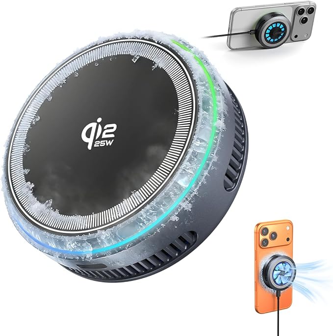 Qi2.2 Wireless Charger【25W Fast Charging+Instant Cooling】 Magnetic Charger Pad with Cooling Fan,LED Light Phone Holder Fast Charging Compatible with iphone17/16/15/14/13/12 Series