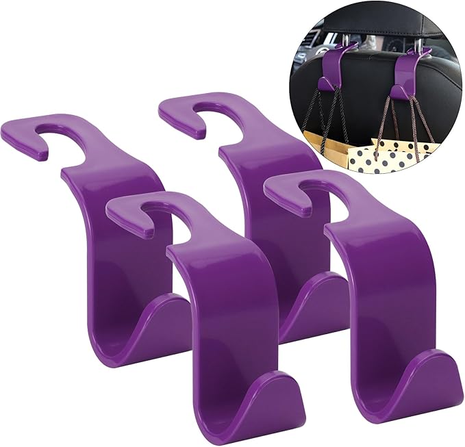 Soleebee 4 Pack Car Headrest Hooks - Universal Auto Hooks, Back Seat Hangers, Storage Organizer (Purple)