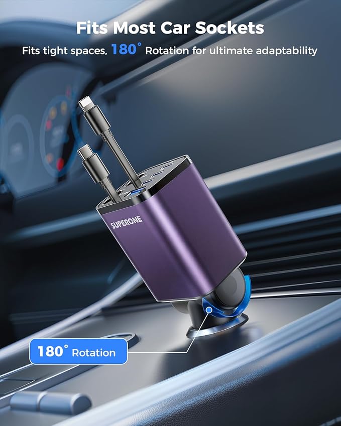 [Upgraded] 6 in 1 Retractable Car Charger, SUPERONE Smaller Fast Car Phone Charger 99W with Cord, USB C and iPhone Car Charger Adapter, Compatible iPhone 17/17 Pro Max/16/15/14/13/12/11, Sumsung