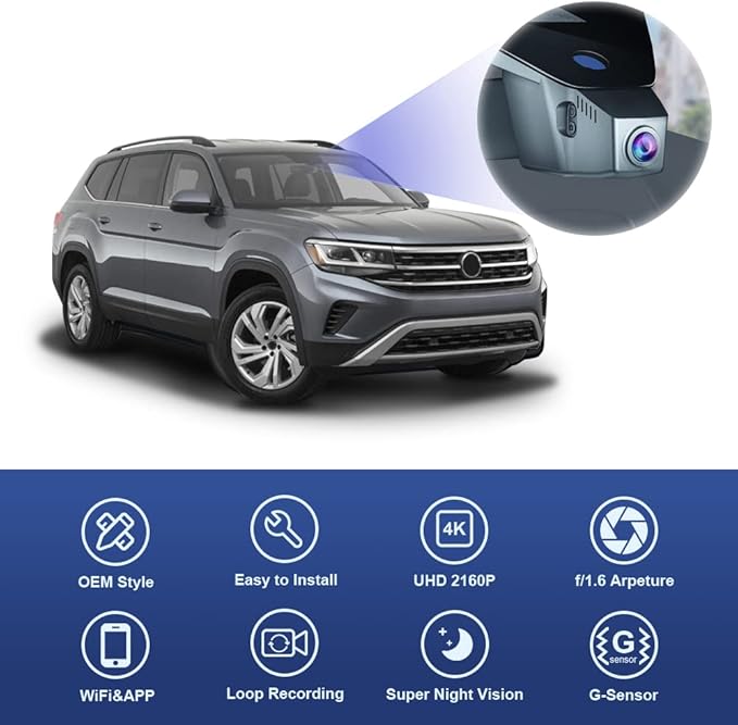 Fitcamx 4K Dash Cam Suitable for Volkswagen Atlas 2018-2026 (Model B, Wide Body Design) & Cross Sport 2020-2026, OEM Look, UHD 2160P Video, WiFi & APP, Loop Recording Parking Sensor, Plug & Play, 64GB