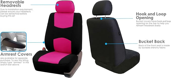 FH Group Car Seat Covers Flat Cloth Automotive Pink Full Set, Rear Solid Bench Universal Fit Combo Steering Wheel Cover & Seat Belt Pads Car Seat Protector for Cars Trucks SUV Interior Accessories