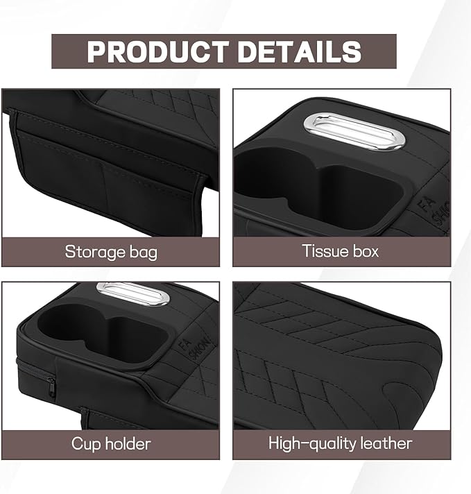 Car Center Console Armrest Pillow, 13.4"×7.5"×2" Leather Auto Arm Rest Cover with Pocket & Tissue Box & Cup Holder, Multifunctional Vehicle Armrest Cushion Pad, Car Accessories (Black)