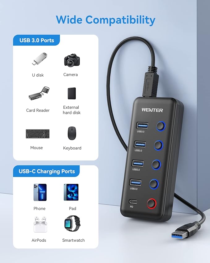 Powered USB 3.0 Hub, Wenter 5-Port USB Hub Splitter (4 Faster Data Transfer Ports+ 1 Type-C Charging Ports) with Individual LED On/Off Switches, USB Hub 3.0 Powered with Power Adapter for Mac, PC