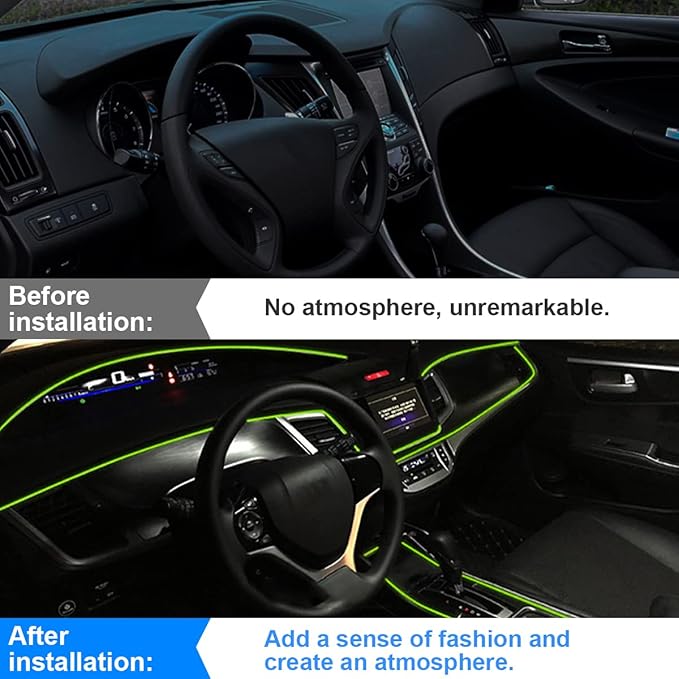 EL Wire Interior LED Strip Lights, 10FT USB Auto Neon Light With Sewing Edge, Electroluminescent Ambient Lighting Kit, Fuse Protection, Car Decoration Accessories (Ice Green)