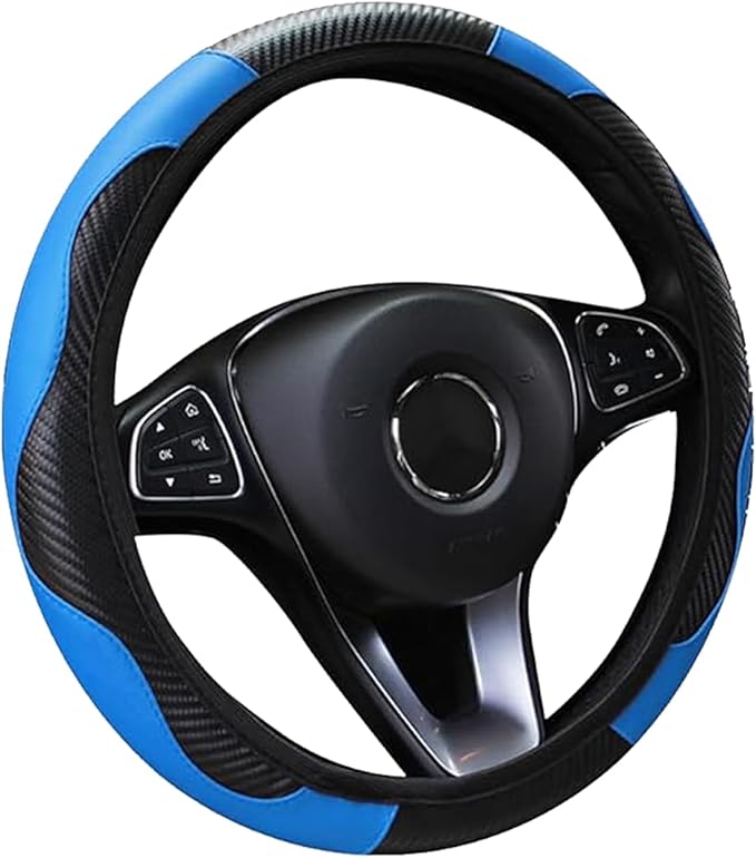 Car Steering Wheel Cover, 15 inch Carbon Fiber Microfiber Anti-Slip Breathable PU Leather Elastic Steering Wheel Protector, Car Interior Accessories for Most Cars (Blue)