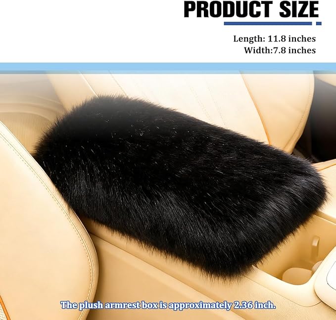Car Center Console Cover, Fluffy Soft Vehicle Middle Console Arm Rest Cushion Pad, Furry Automotive Interior Armrest Seat Box Protector Decoration Accessories, Universal Fit (Black)