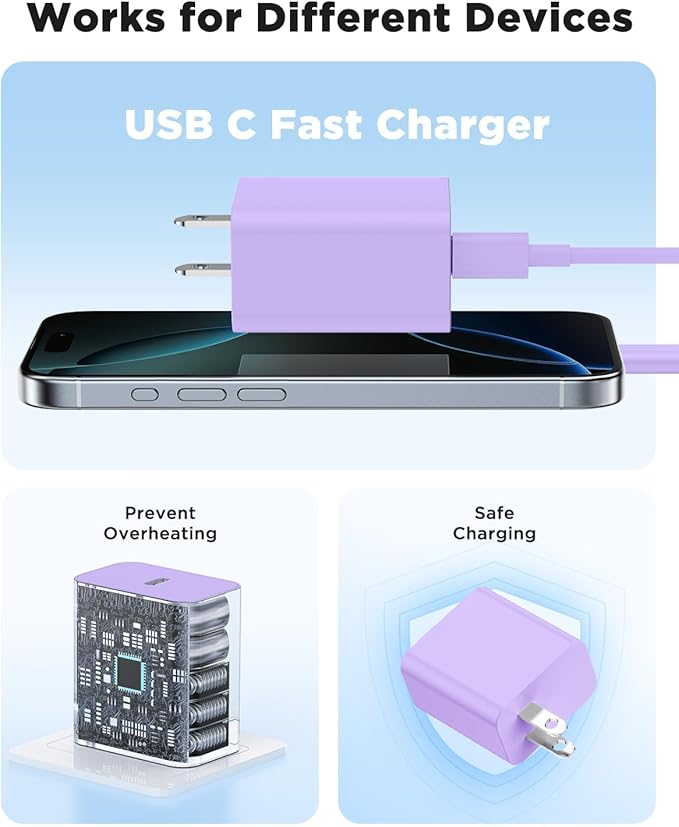 45W iPhone 17 16 15 Pro Max Charger Fast Charging 6FT/10 FT/10FT, Super Fast USB C Charger Block with Extra Long Type C Charging Cable,PD Quick Adapter 3.0 for iPhone 16 15/16e 15Pro/16 15 Plus-Purple
