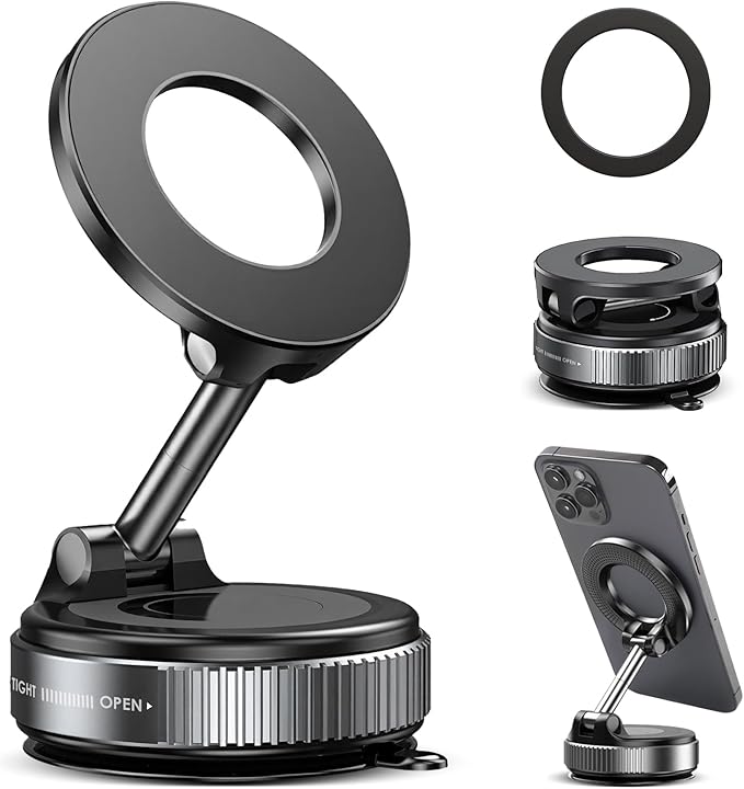 TENOC Magnetic Suction Car Phone Mount, 360° Rotation Phone Holder Mount, Foldable Cellphone Holders for Car/Gym/Shower/Mirror, Black