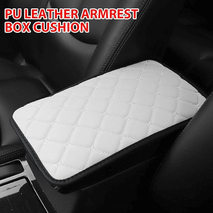 HZEL Car Center Console Cushion Pad, PU Leather Vehicle Armrest Protection Cover, Waterproof Automotive Interior Arm Rest Seat Box Mat Accessories, Universal for SUV, Sedan, Truck (White)