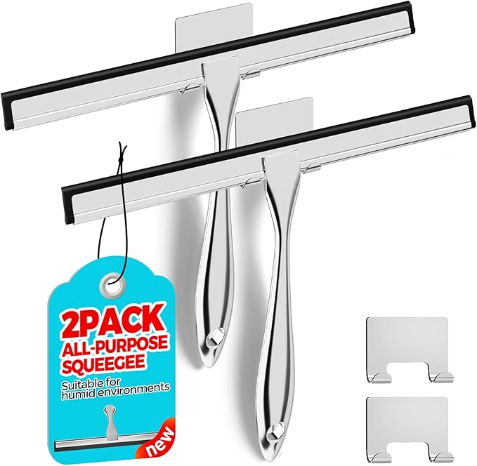 ALFLOD 2PACK All-Purpose Shower Squeegee for Shower Doors, Tile Shower Walls, Bathroom, Window, Glass and Car Windshield, Mirrors and Kitchen-Stainless Steel, 11.8-Inch Silver