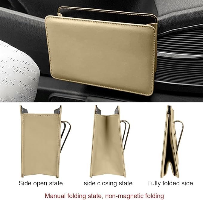 Car Trash Can, Leather Car Garbage Can with One Roll Trash Bag, Foldable Hanging Storage Container, Mini Trash Bin, Vehicle Garbage Organizer Holder for Door Side, Back Seat (Beige)