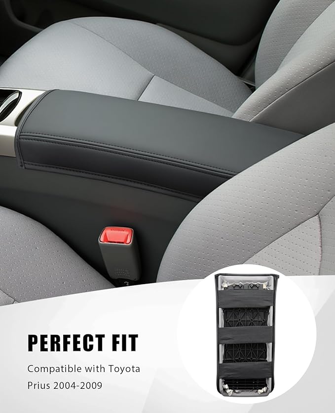 INTGET Center Console Cover for Toyota Prius Accessories 2004 2005 2006 2007 2008 2009 Leather with Thin Pad Middle Armrest Cover Car Interior Arm Rest Lid Protector (Black Stitches, with Thin Pad)