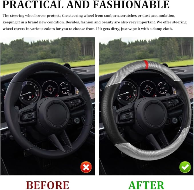Car Steering Wheel Cover, Steering Wheel Accessories, 15 Inch Microfiber Leather Carbon Fiber Soft Anti-Slip Breathable, Car Accessories Elastic Non-Slip Cover for Most Vehicles (Gray Silver)