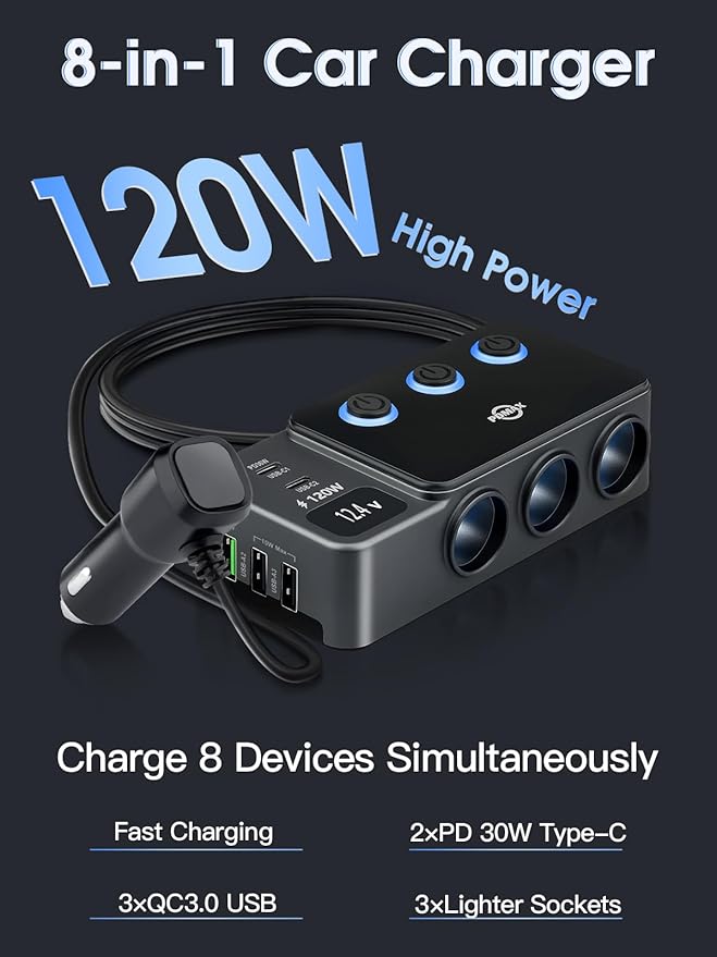 8 in 1 Cigarette Lighter Splitter, 120W Car Charger Adapter with PD 30W Type-C & QC3.0, 3-Socket Car Outlet with 5 USB Ports, LED Voltmeter, Independent Switches, 12V/24V Multi-Port Charger