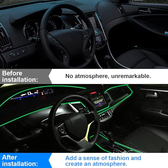 EL Wire LED Strip Lights, 10FT/3M USB Auto Neon Light Strip with Sewing Edge, Electroluminescent Car Ambient Lighting Kits with Fuse Protection, Car Decoration Accessories (Green/10FT)