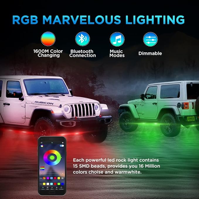 Rock Lights for Trucks 10 Pods RGB LED Rock Lights with Bluetooth APP/Remote Control Music Mode Extension Cords Underglow Lights IP68 Waterproof Neon Light Kits for Car Jeep Offroad Pickup