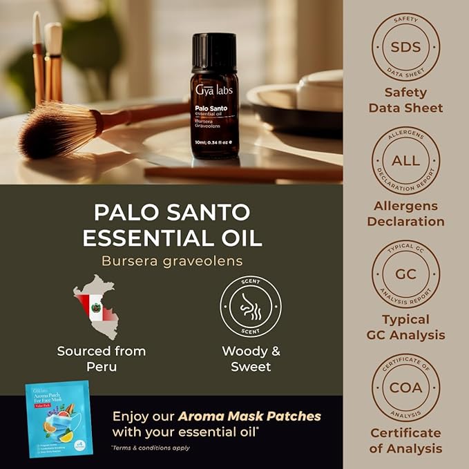 100% Pure Palo Santo Essential Oil - 0.34 Fl Oz - Palo Santo Oil for Hair, Skin, Diffuser, Aromatherapy & DIY Candle Making Scent