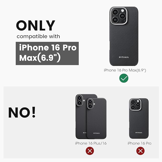 pitaka for iPhone 16 Pro Max Case 6.9 Inch, Compatible with MagSafe, Thin & Light Case iPhone 16 Pro Max with a Caseless Feel, 600D Aramid Fiber Woven [Ultra Slim-Black/Grey (Twill)]
