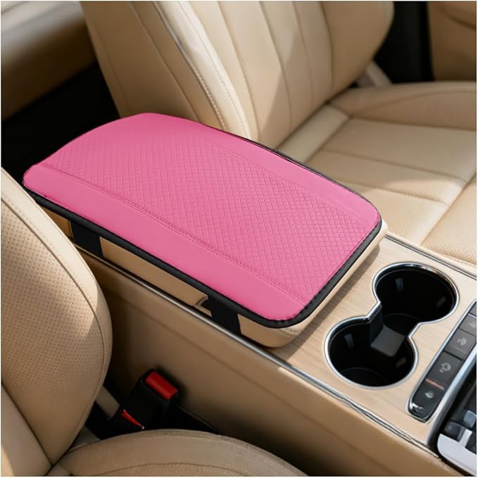 Car Center Console Cover, PU Leather Vehicle Armrest Seat Box Cover Protector, Comfortable Automotive Interior Arm Rest Cushion Pad Accessories, Universal for SUV Sedan Truck (Pink)