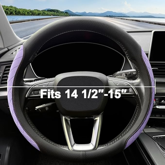 LKWLIKEI Nappa leather steering wheel cover,elegant diamond checkered design, non-slip wear-resistant, enhance driving comfort, suitable for steering wheel diameter 14 1/2‘-15’ models.Black and purple