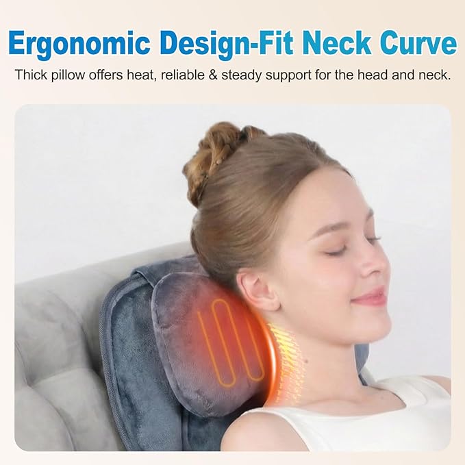 Back Massager with Heat, Full Body Massage Pad with Pillow Neck Support, Soft Plush Fabric Cover, Chair Massager with 3D Lumbar Truction and 8 Vibration Motors, Home Office Use