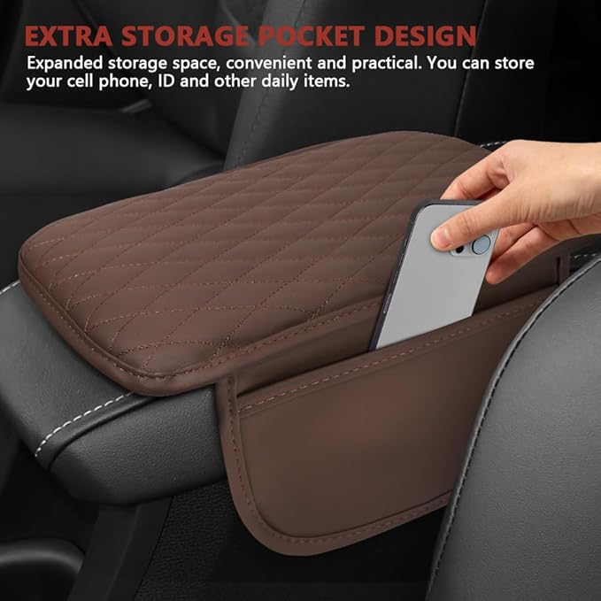 Car Center Console Cover, 12"×7.87" Waterproof Leather Auto Armrest Cover Protector with 2 Pocket, Comfortable Arm Rest Box Cushion Pad, Universal Interior Car Accessories (Coffee)
