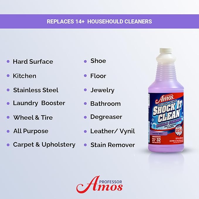 Professor Amos Shock It Clean MultiPurpose Cleaner Double Strength Concentrate All Purpose Carpet, Jewelry, Upholstery, Leather, Stain Remover & Floor Cleaner (Lavender 32 Oz)