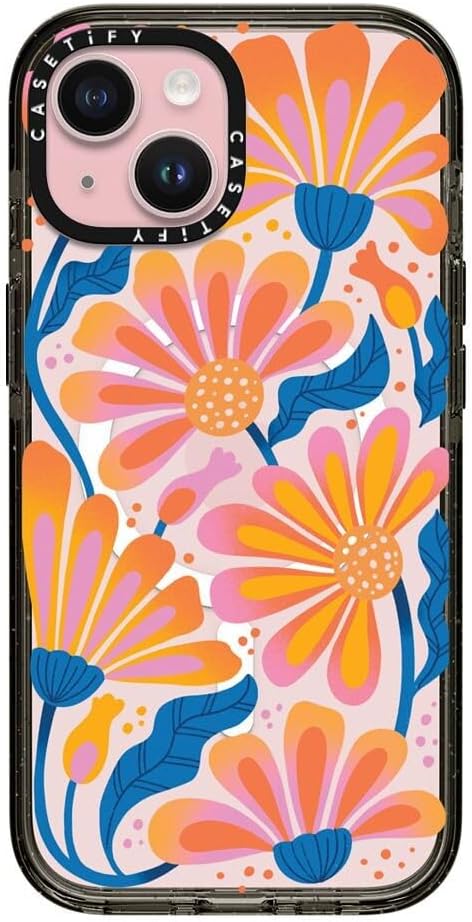 CASETiFY Impact iPhone 15 Case [4X Military Grade Drop Tested / 8.2ft Drop Protection/Compatible with Magsafe] - Flower Print - Lazy Daisy - Clear Black