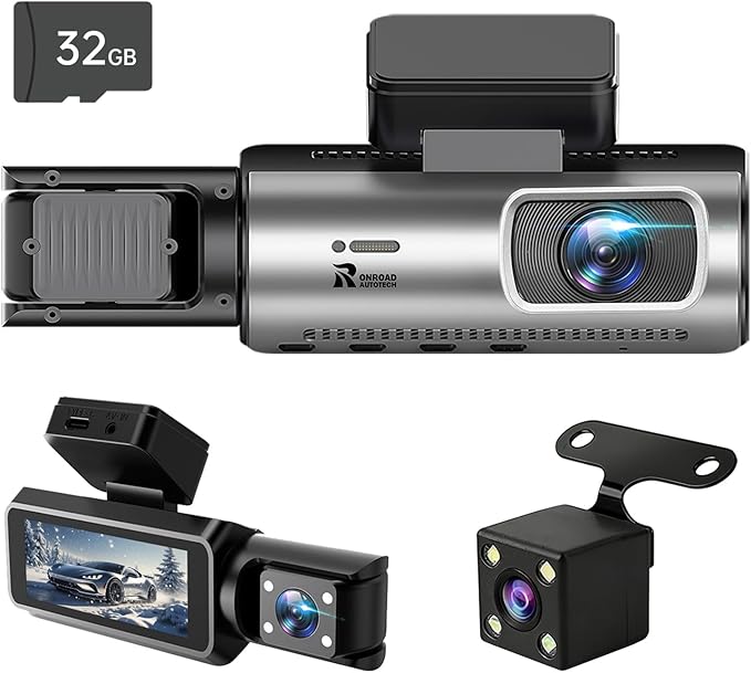 Dash Cam Front and Rear with 32GB Card, Dash Camera for Cars 1080P Front and 720P Rear, Loop Recording, Night Vision, HDR, G-Sensor, Reversing lmage Assist