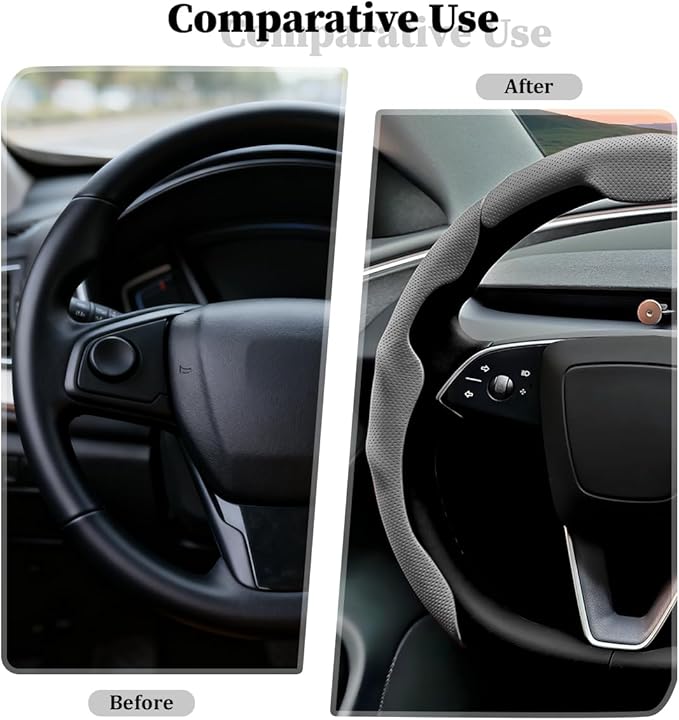 3PCS Car Steering Wheel Cover, Nappa Leather Breathable Non-Slip Segmented Steering Wheel Protector, Snap-on Auto Interior Decoration Accessories, Universal Fit (Gray)