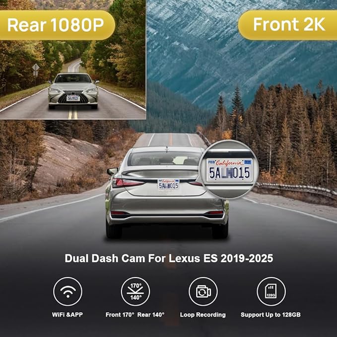 Fitcamx Front 2K+Rear 1080P Dash Cam for 2019-2025 Lexus ES350 ES300h ES250 F Sport, OEM Look, Dual 1440P+1080P HD Video, WiFi & APP, Loop Recording, G-Sensor, Easy to Set, 64GB Card