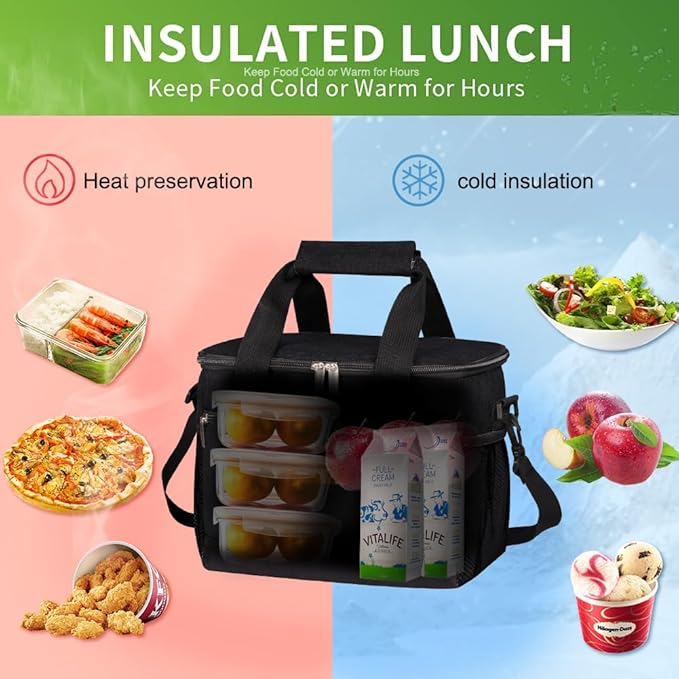 iknoe Insulated Lunch Bag, Foldable 8.5L Cooler Bag for Men & Women, Leakproof Thermal Design, Great for Office, Picnic, Travel, Lunch Box, Black