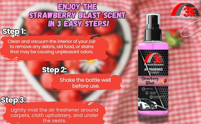 3E Car Air Freshener Premium Strawberry Scent 16 fl oz – Professional Automotive Air Freshener & Odor Eliminator, Long-Lasting Interior Fragrance for Cars, Trucks, SUVs, RV, Home & Office (STRAWBERRY)