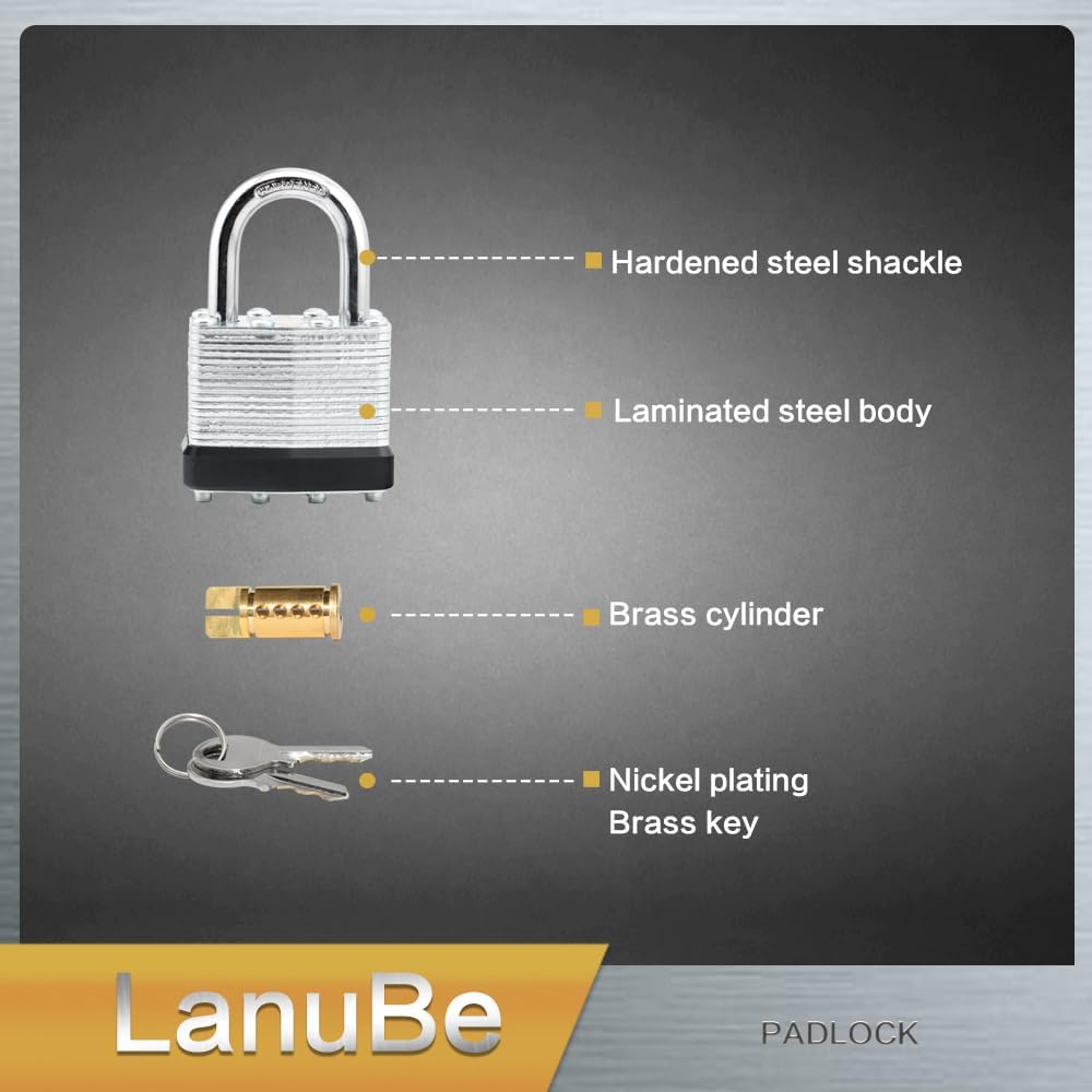 LanuBe Lock Laminated keyed Padlock (1-9/16", 40mm), keyed Alike Locks, Normal Shackle,Marked Black Plastic Hoop, Pack of 6…