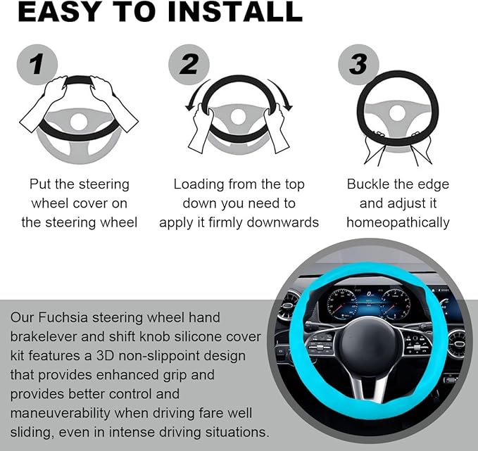 3PCS Silicone Car Steering Wheel Cover Set - Includes Car Handbrake Cover & Gear Shift Cover & Anti-Slip Steering Wheel Protector, Universal Auto Interior Decoration for Most Cars (Blue)