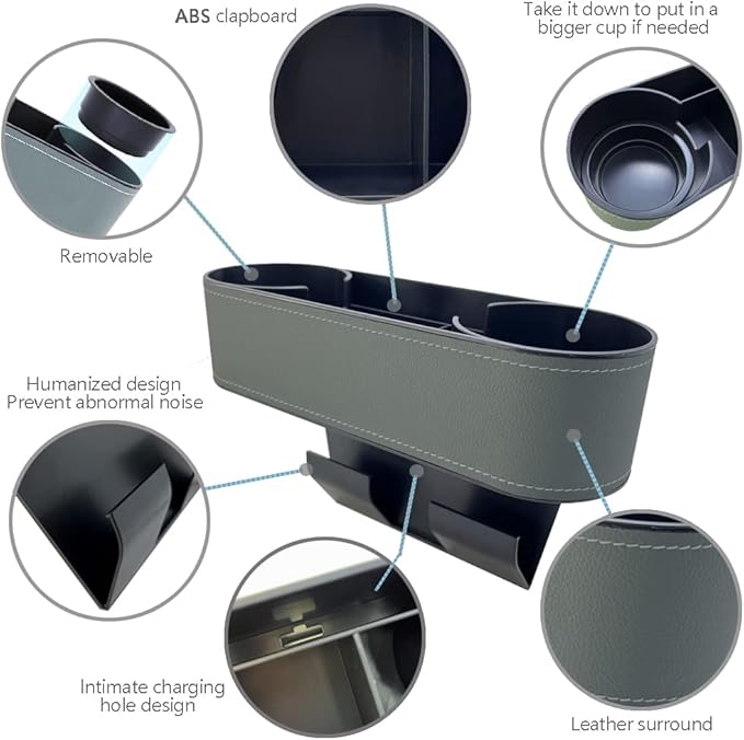 Cup Holder for Car Seat Gap Organizer, Multifunctional Cup Drink Holders with PU Leather Cover,Side Insert Center Console Gap Filler Storage Box for Mug Bottle CellPhones Keys Coffee Coasters grey2