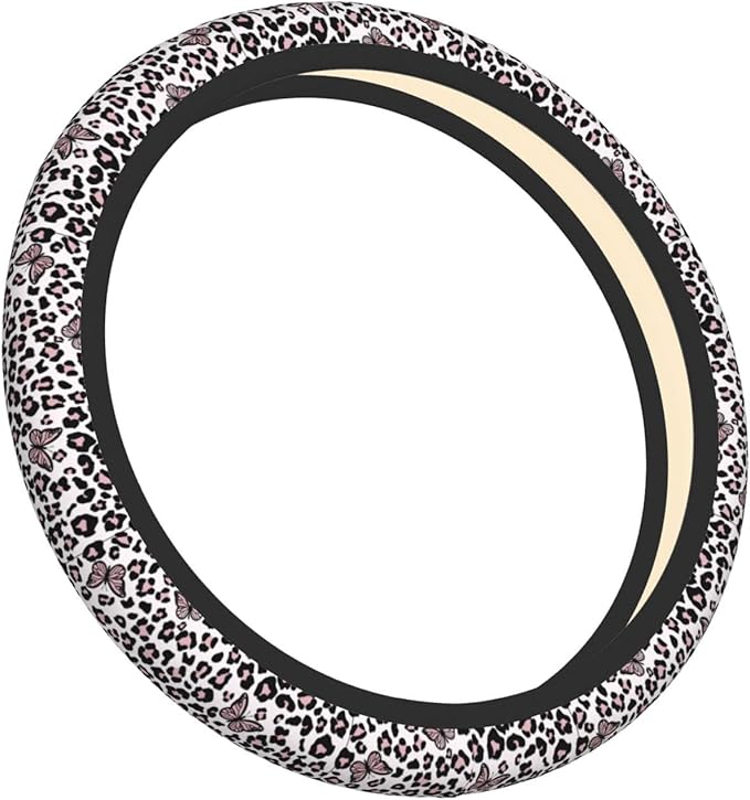 Black And White Leopard Print Auto Car Pink Butterfly Steering Wheel Cover Universal 15 Inch Neoprene Interior Decor Protection Accessories