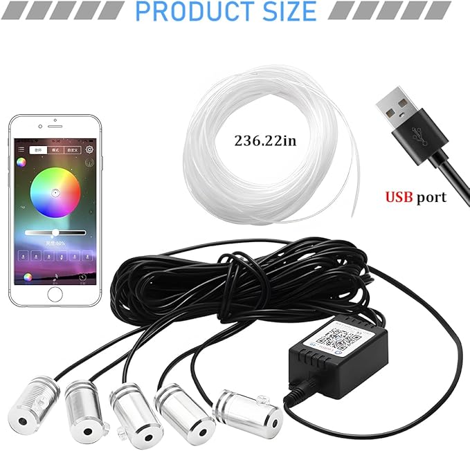 Zpana Car LED Interior Strip Light with APP Control, 16 Million Colors 5-in-1 RGB Sound Active Ambient Light with 236" Fiber Optic, Auto Inside USB Atmosphere Light Strip, Universal Fit