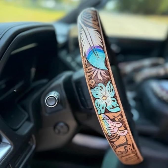 Western Steering Wheel Cover,Retro Western Cowboy Car Universal Steering Wheel Cover,Embossed Hand-Painted Leather Western Car Accessories, for Women Man, Anti-Slip Design Easy to Install (D)