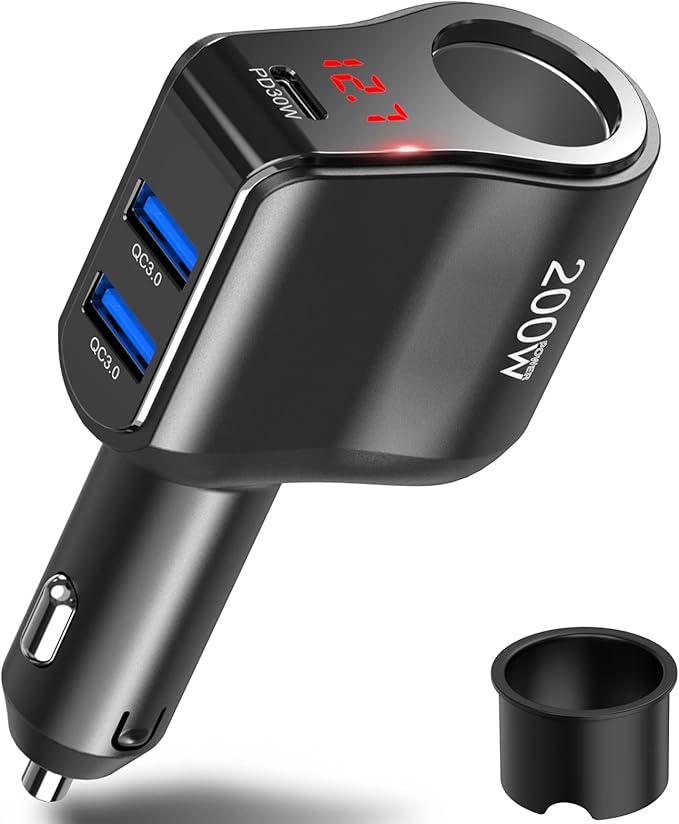 200W PD USB C Car Charger Adapter: 12V Cigarette Lighter Socket Splitter 12 Volt DC Plug Multi Way Auto Power Outlet with LED Voltmeter Switch Dual Type C Port for iPhone Samsung Phone GPS Dash Cam