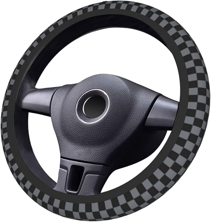 Checkered Steering Wheel Cover Gray - Checkered Black Gray Steering Wheel Cover Anti-Slip Breathable Universal 15 Inch Car with 2 Pcs Car Coasters Suitable Men Women