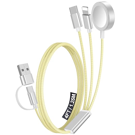 1Pack Multi Charging Cable Cord for Travel Essentials,Apple Watch Charger,iPhone Charger,[3-in-2] Type C/Lightning Cable Portable Designed for iWatch,iPhone 17-8,Galaxy S25-21,AirPods,iPad-4FT Yellow