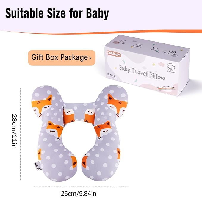 KAKIBLIN Baby Travel Pillow,Baby Neck Pillows for Car Seat,Upgraded Head Pillow,Newborn Head and Neck Support Pillow for Car Seat, Stroller, Pushchair,Travel (Gray Fox)