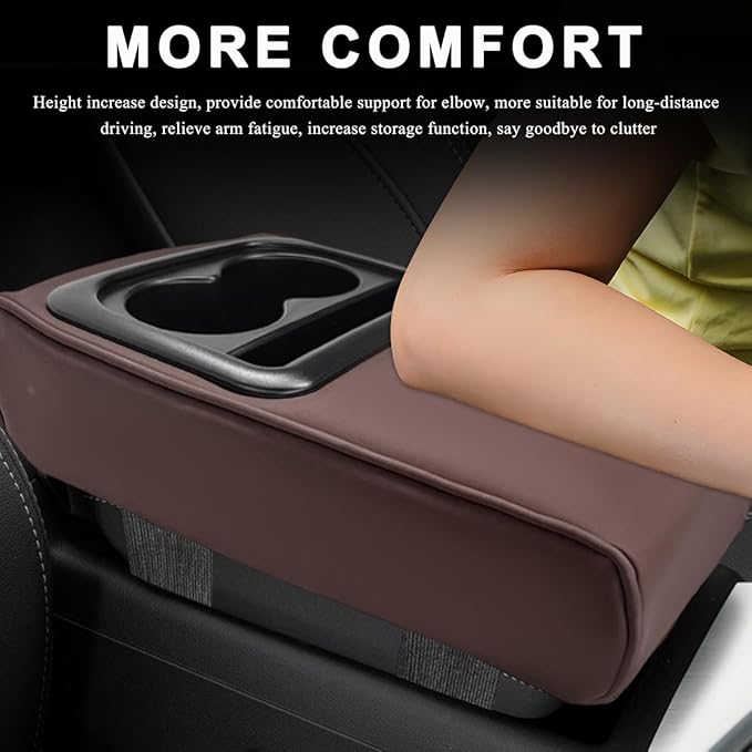 Car Center Console Armrest Pillow, 14"×8.3" Waterproof Leather Armrest Box Cover with Cup and Phone Holder, Soft Memory Foam Arm Rest Console Pad Protector for SUV Truck (Coffee, Glossy)