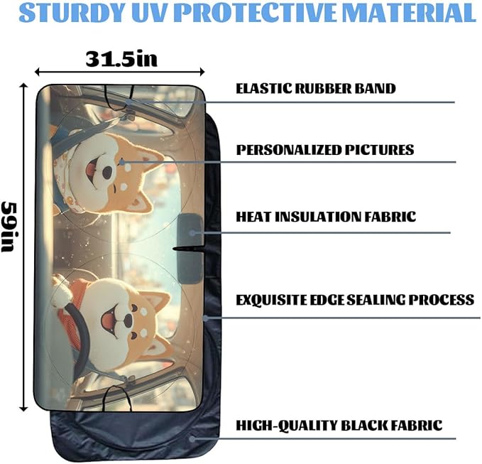 Funny Dog Car Window Sun Shield Cartoon Cute Shiba Sunny Puppy Front Window Sun Shade Blocks UV Rays Sun Visor Protector for Car Sedan Truck SUV Accessories 59" L x 31.5" W