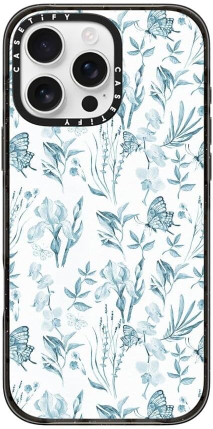 CASETiFY Impact iPhone 16 Pro Max Case [Slim/Compatible with Magsafe / 8.2 ft. 4X Military Grade Drop Protection] - Elegant Pastel Blue Vintage Butterfly Floral - Clear Black