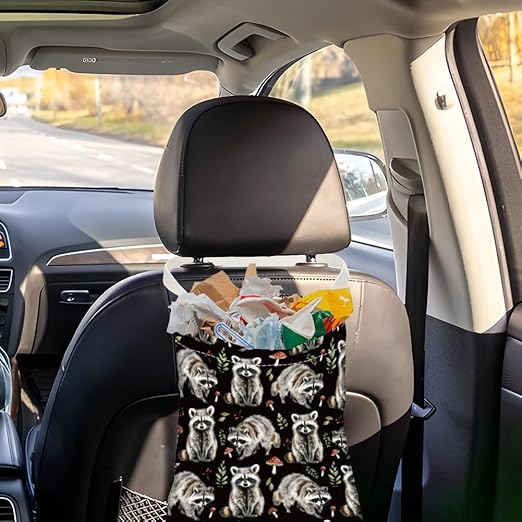 Raccoon Print Car Trash Bag Hanging Garbage Bag with Snap Buttons Car-Back Seat Trash Storage Portable Dustbin for Car Interior Accessories Travel Camping